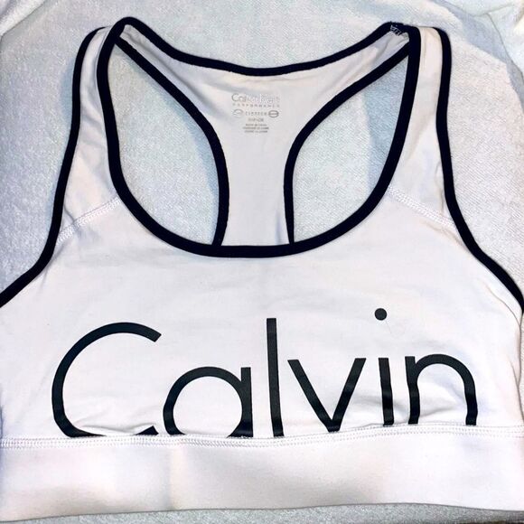 Calvin Klein Wm’s Sz Small Black White Large Logo Spellout Racerback Sports Bra - Picture 1 of 5